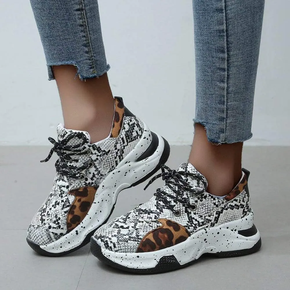 YSMIIH Women's Platform Wedge Heel Fashion Sneakers Leopard Snake Color Blocking Lace-Up Casual Shoes