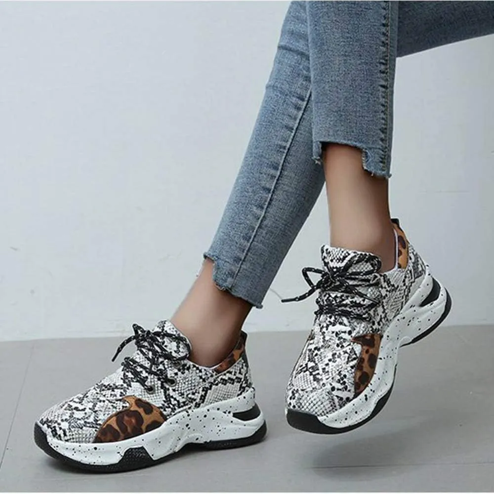 YSMIIH Women's Platform Wedge Heel Fashion Sneakers Leopard Snake Color Blocking Lace-Up Casual Shoes