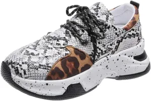 YSMIIH Women's Platform Wedge Heel Fashion Sneakers Leopard Snake Color Blocking Lace-Up Casual Shoes