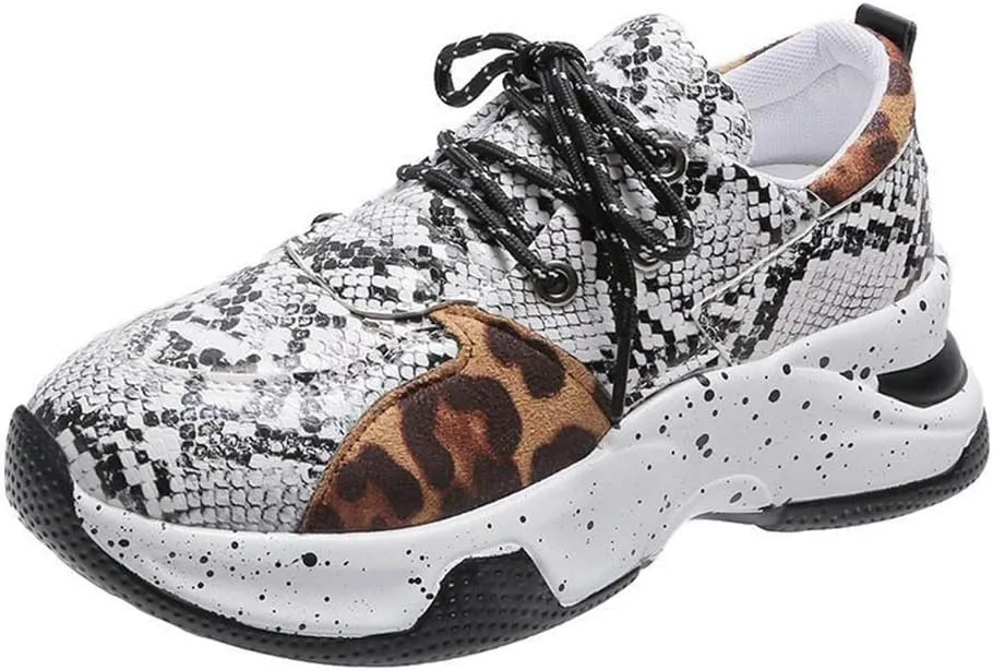 YSMIIH Women's Platform Wedge Heel Fashion Sneakers Leopard Snake Color Blocking Lace-Up Casual Shoes