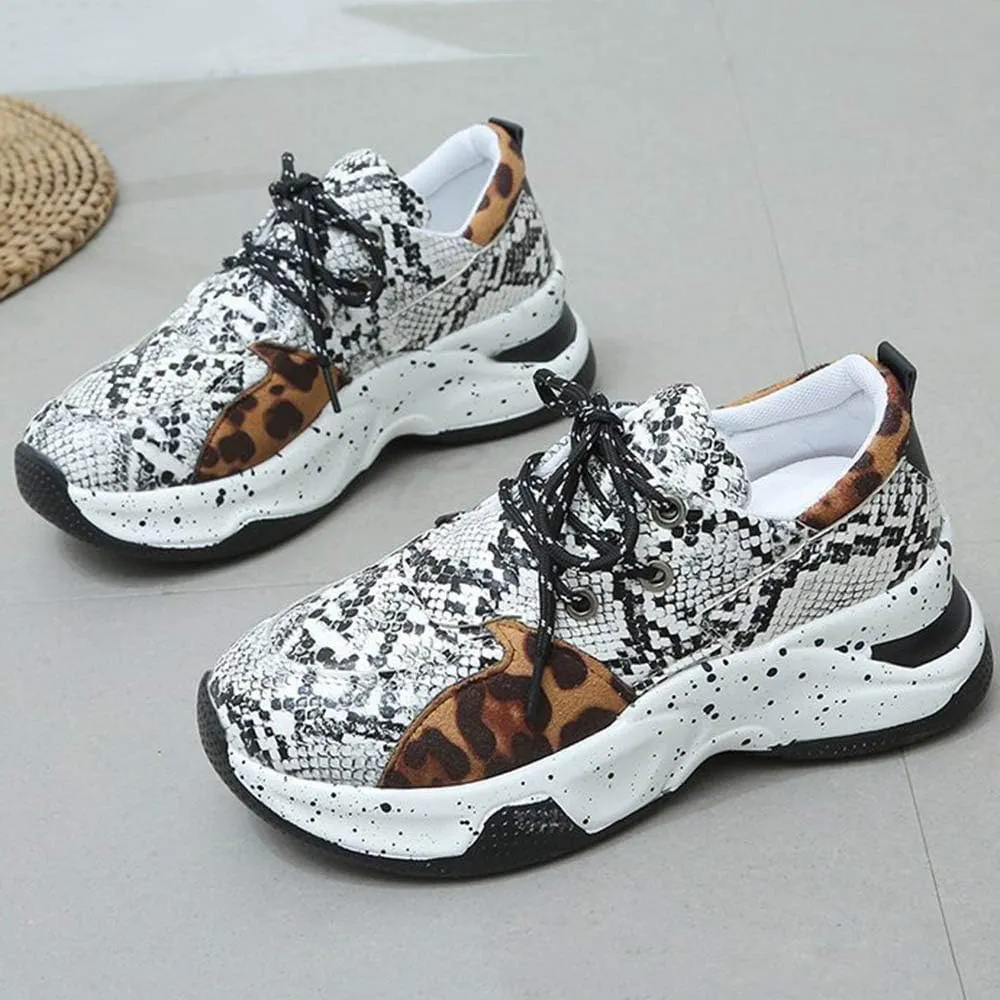 YSMIIH Women's Platform Wedge Heel Fashion Sneakers Leopard Snake Color Blocking Lace-Up Casual Shoes