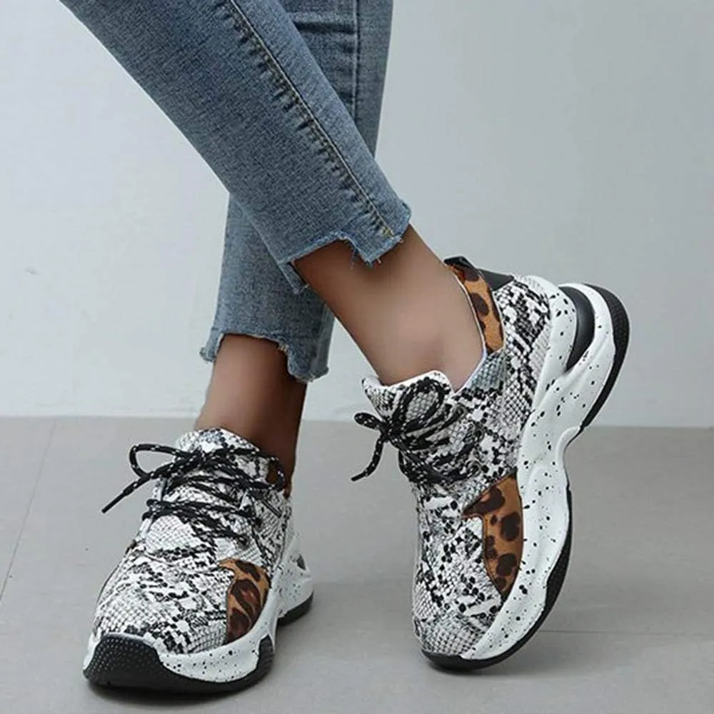YSMIIH Women's Platform Wedge Heel Fashion Sneakers Leopard Snake Color Blocking Lace-Up Casual Shoes