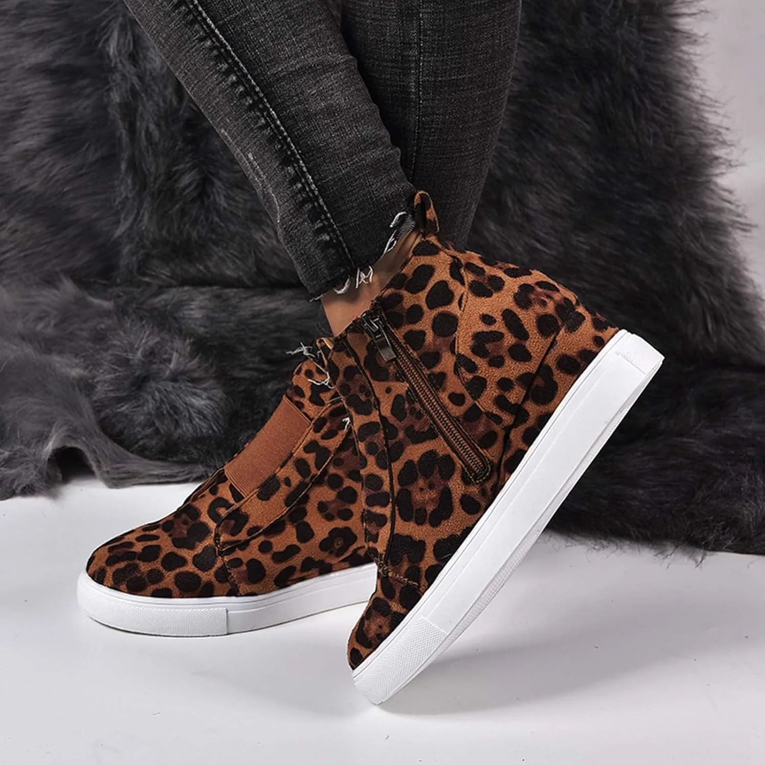 ZBYY Wedge Sneakers for Women Hidden Wedges Side Zipper Suede Platform Ankle Booties Fashion Casual High Top Sneakers