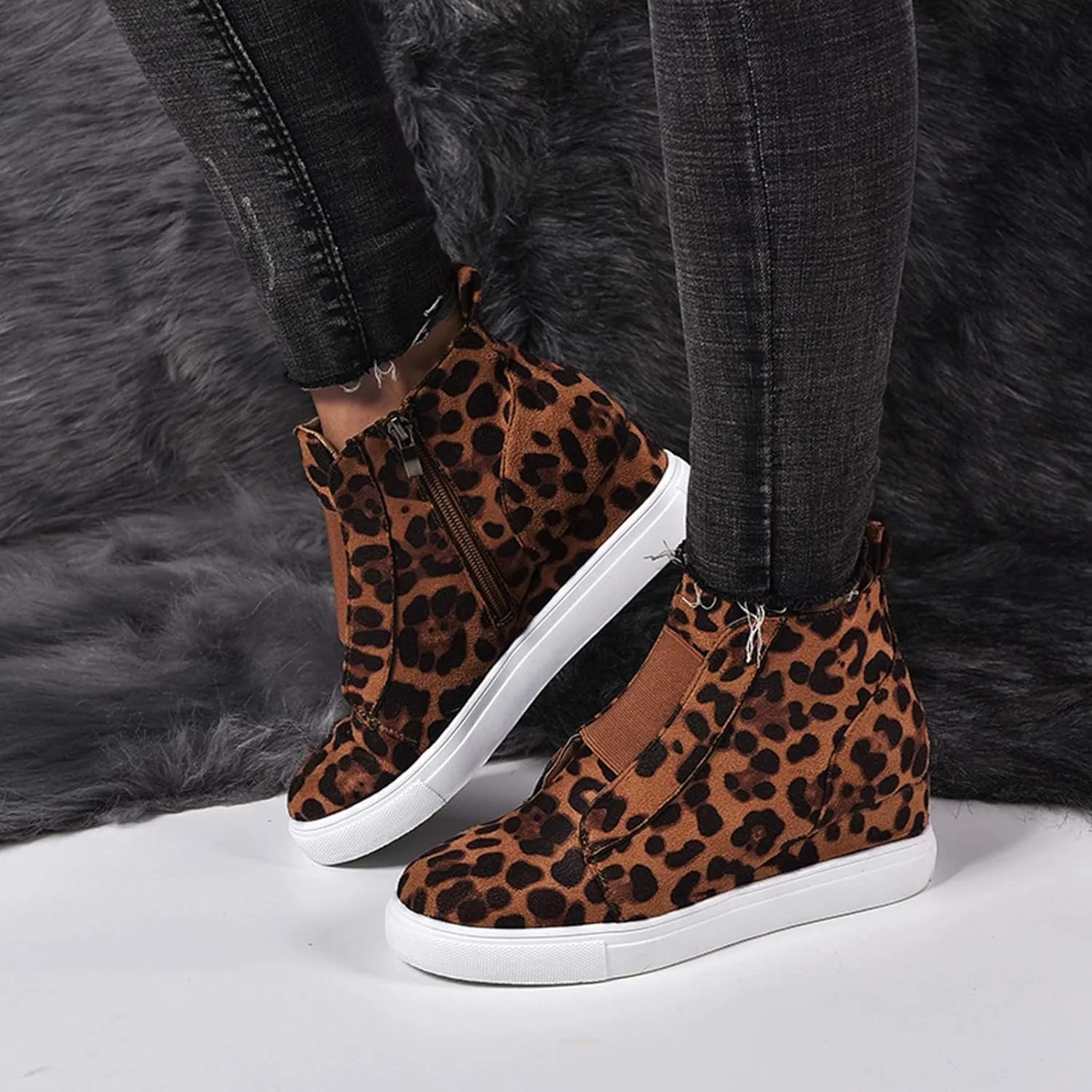 ZBYY Wedge Sneakers for Women Hidden Wedges Side Zipper Suede Platform Ankle Booties Fashion Casual High Top Sneakers