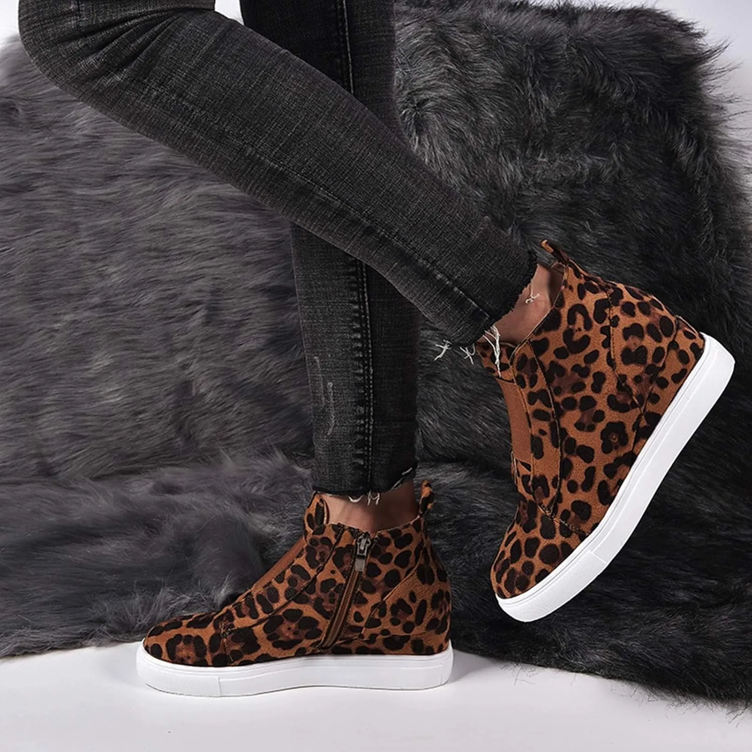 ZBYY Wedge Sneakers for Women Hidden Wedges Side Zipper Suede Platform Ankle Booties Fashion Casual High Top Sneakers