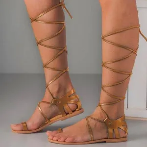 ZBYY Women's Flat Sandals,Summer Strappy Slip on Toe Ring Cross Gladiator Sandals Lace Up Beach Sandals for Women