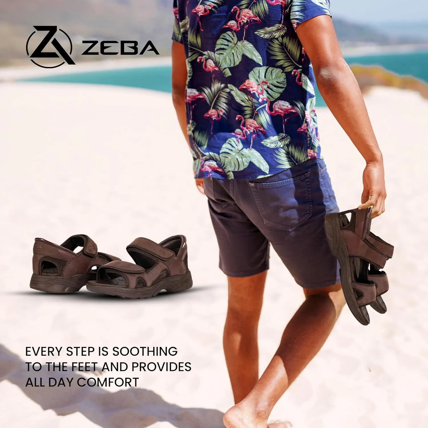 ZEBA Men's Premium Leather Easy Slip-On Massaging Sandals Slides