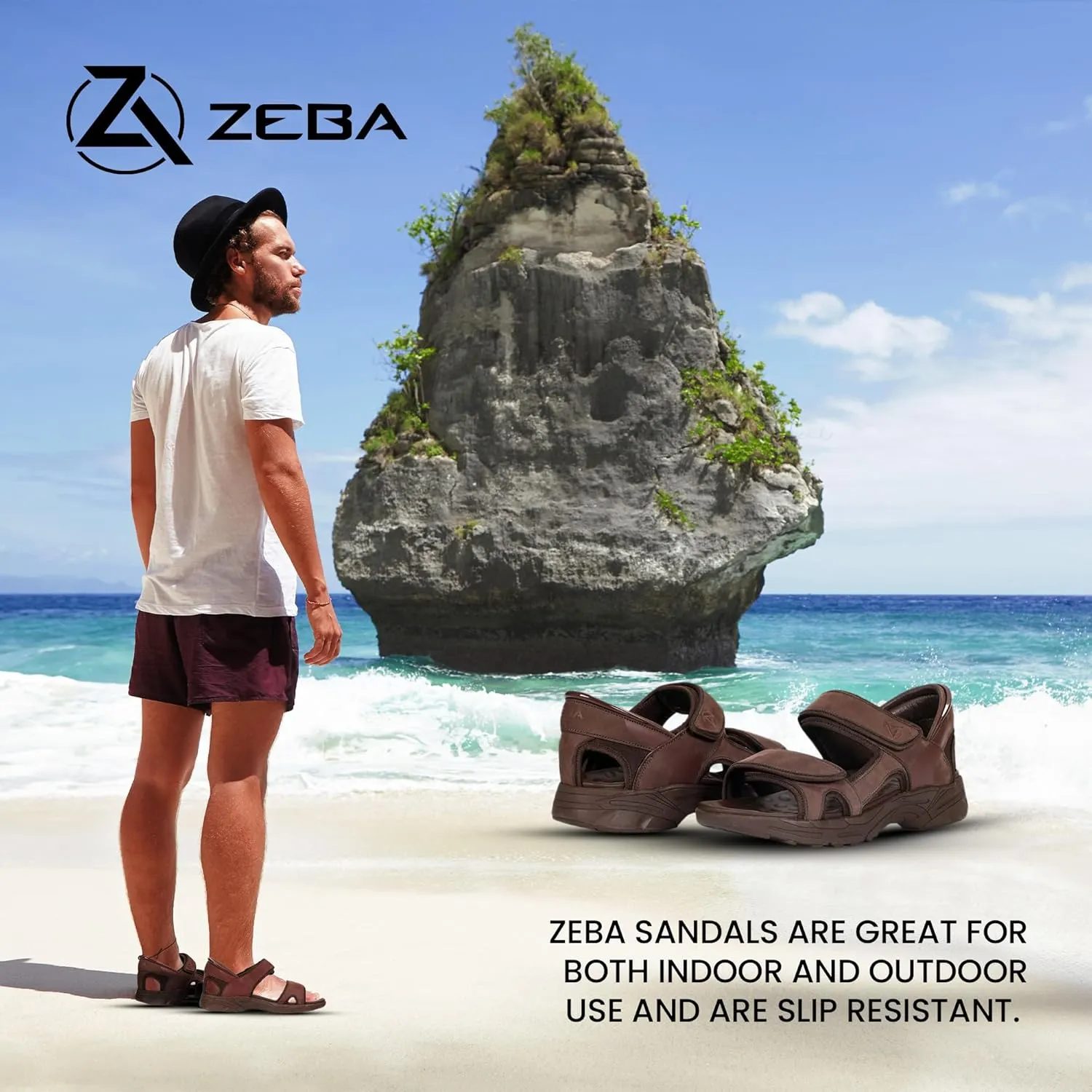 ZEBA Men's Premium Leather Easy Slip-On Massaging Sandals Slides