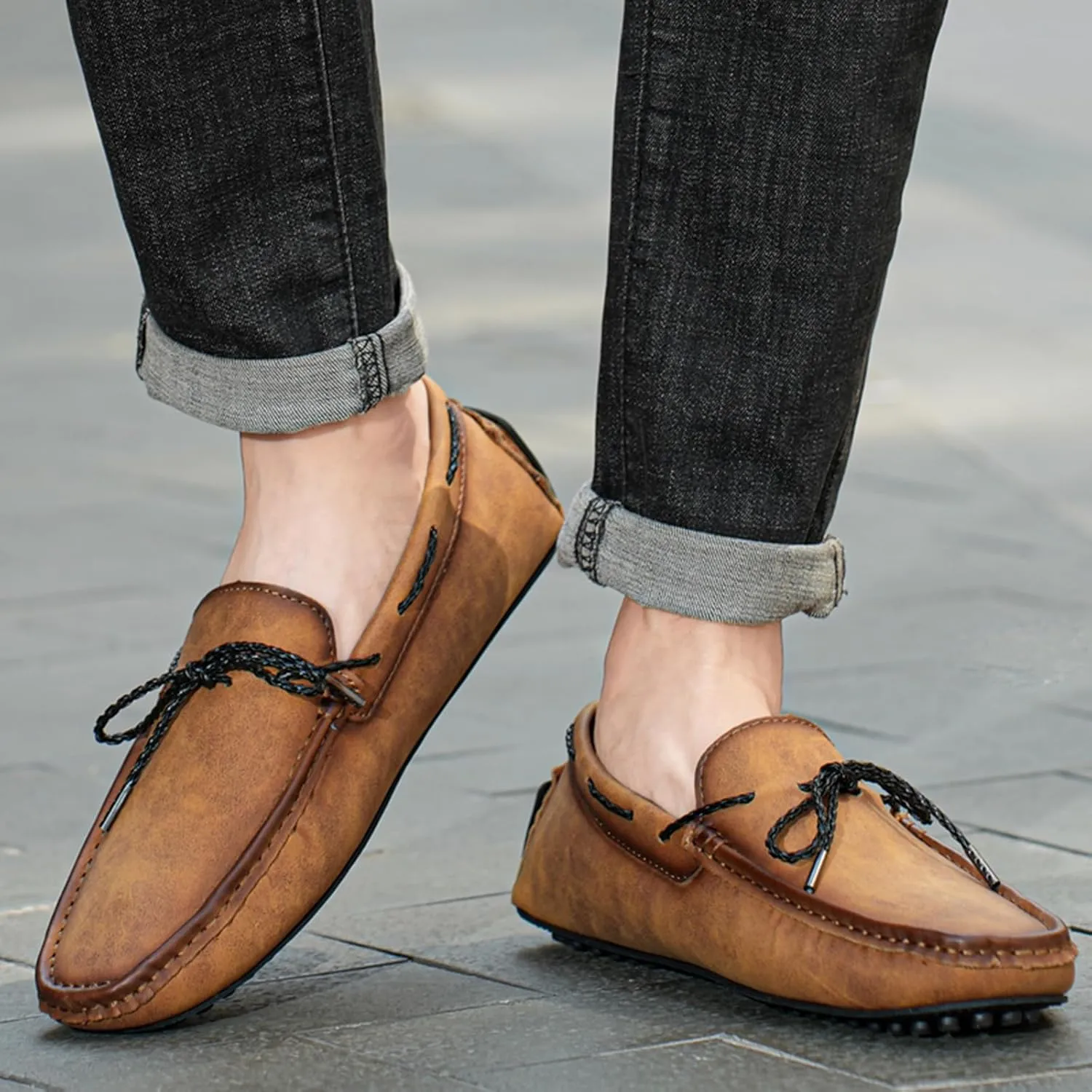 Zeberfi Men's Leather Moccasins Penny Loafers Casual Lace up Slip on Gommino Flat Driving Shoes Comfort Dress Boat Shoes