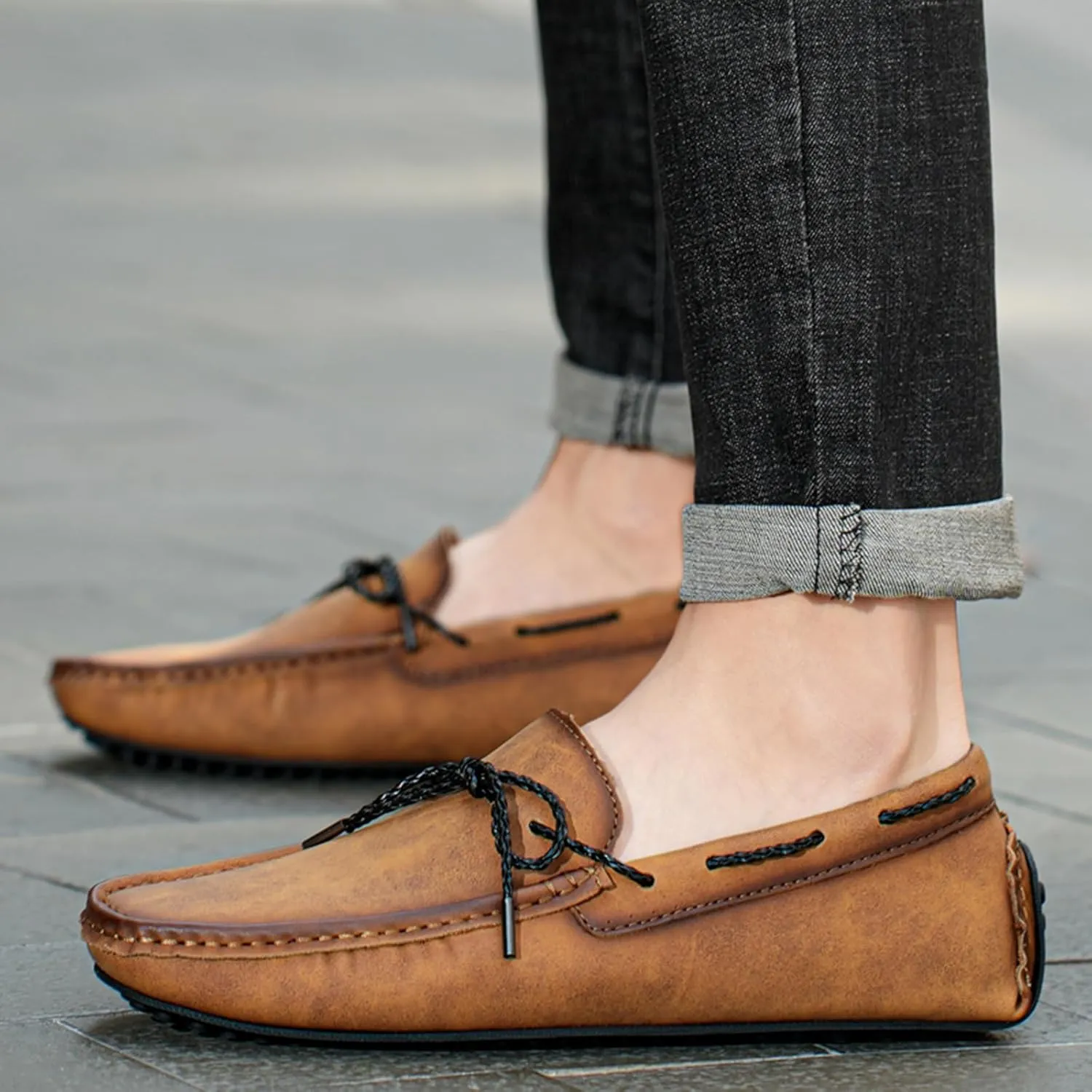 Zeberfi Men's Leather Moccasins Penny Loafers Casual Lace up Slip on Gommino Flat Driving Shoes Comfort Dress Boat Shoes