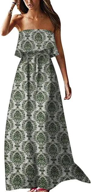 ZMPSIISA Women's Summer Off The Shoulder Maxi Dress Ruffle Strapless Blue White Porcelain Boho Casual Loose Long Dresses