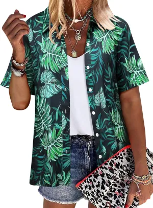 ZXZY Women Summer Hawaii Shirts Soft Cool Floral Tropic Print Short Sleeve Button Up Tops T-Shirt